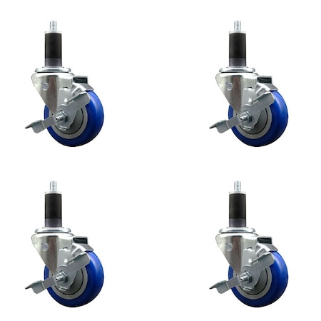 Service Caster 3.5'' Blue Poly Swivel 1-1/4'' Expanding Stem Caster Set with Brake, 4PK SCC-EX20S3514-PPUB-BLUE-TLB-114-4